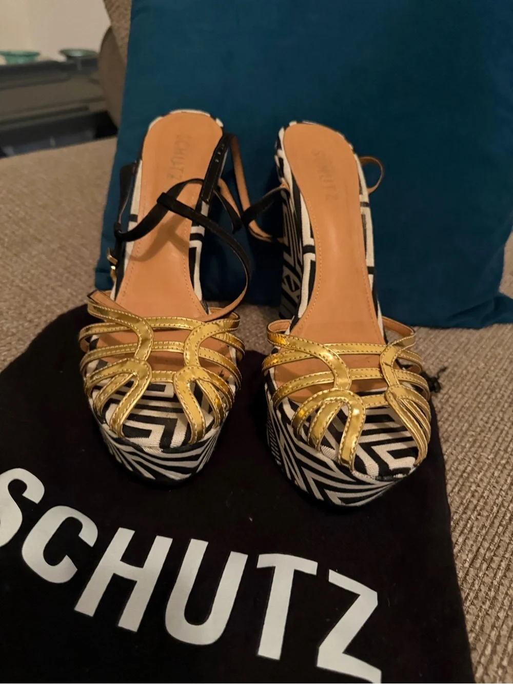 SCHUTZ Gold Strappy Platform Sandals with Black-and-White Geometric Platform